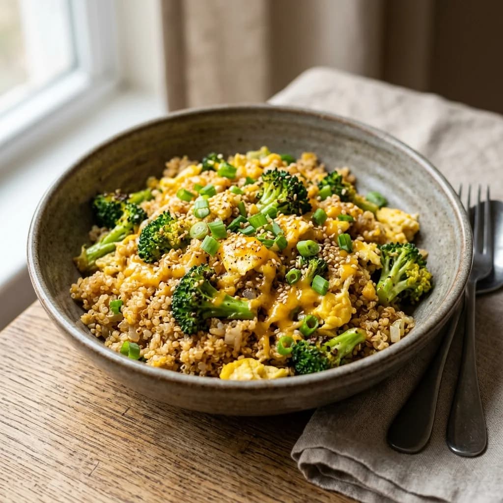 Broccoli Egg Fried Quinoa with Cheddar