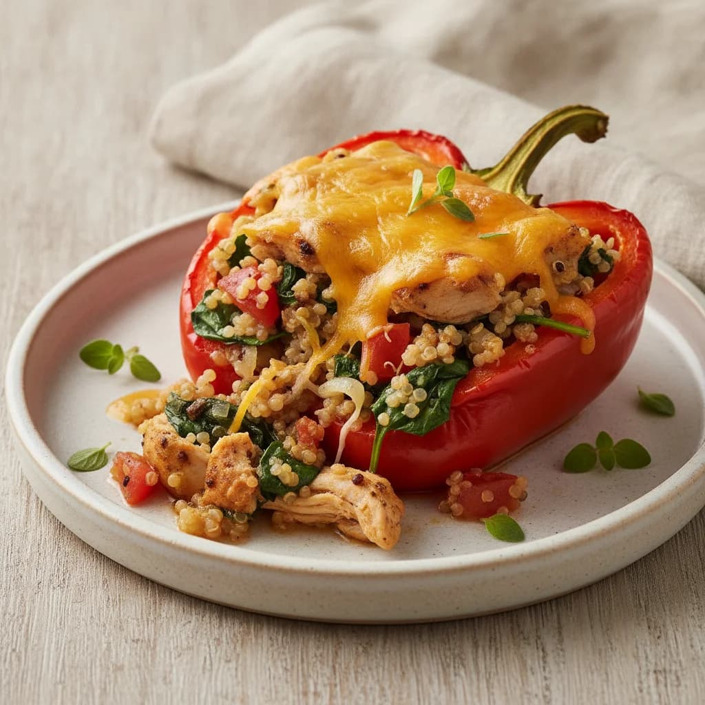 Cheesy Chicken and Quinoa Stuffed Bell Peppers