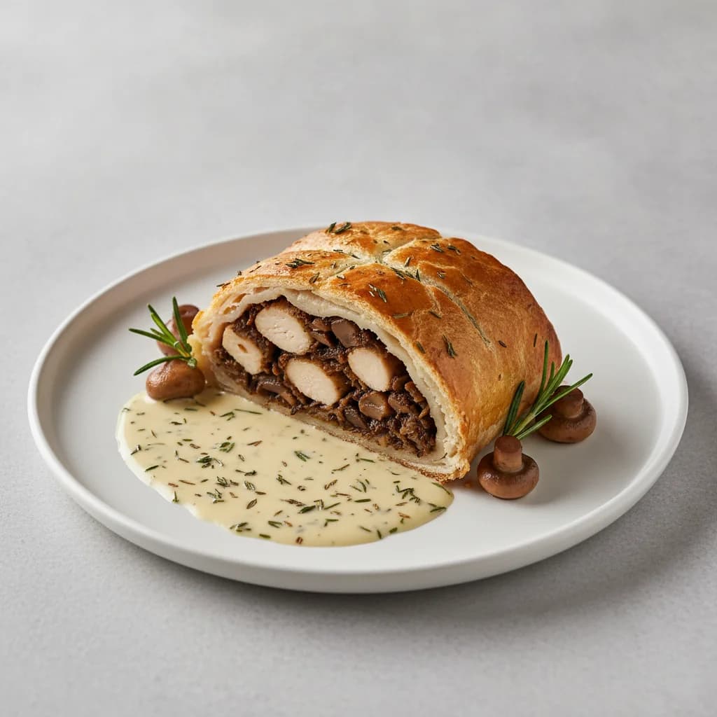 Chicken Thigh Galantine en Croute with Mushroom Duxelles and Rosemary-Cream Sauce