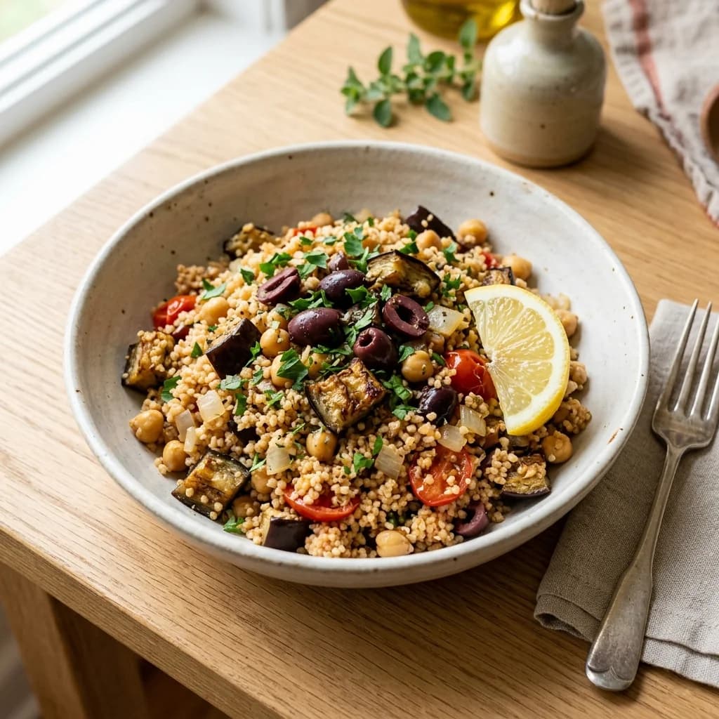 Mediterranean Eggplant Olive Couscous
