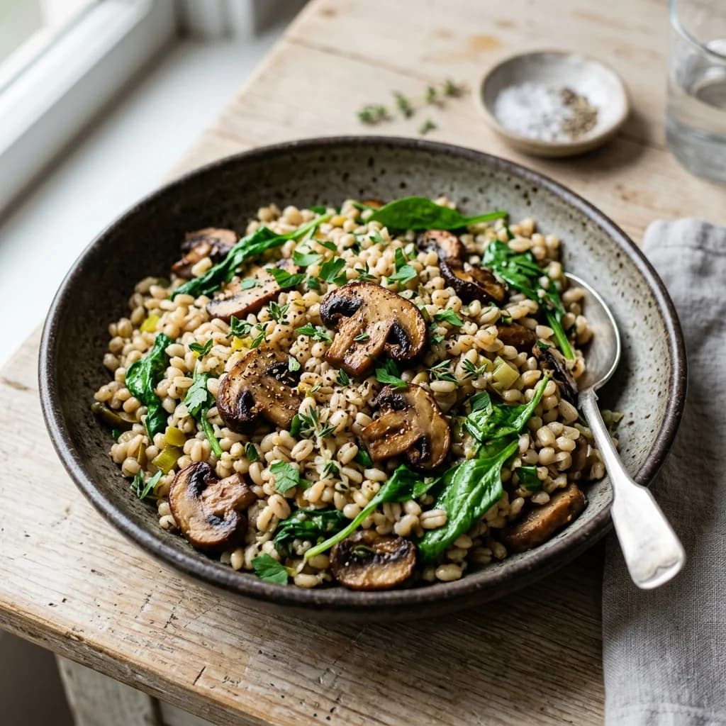 Mushroom Spinach Barley Pilaf