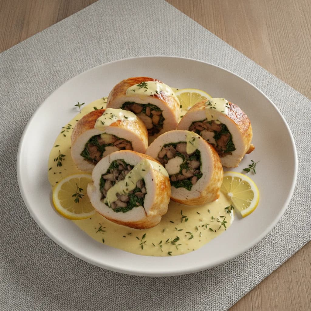 Pan-Seared Chicken Roulade with Mushroom, Spinach, and Lemon-Thyme Cream Sauce