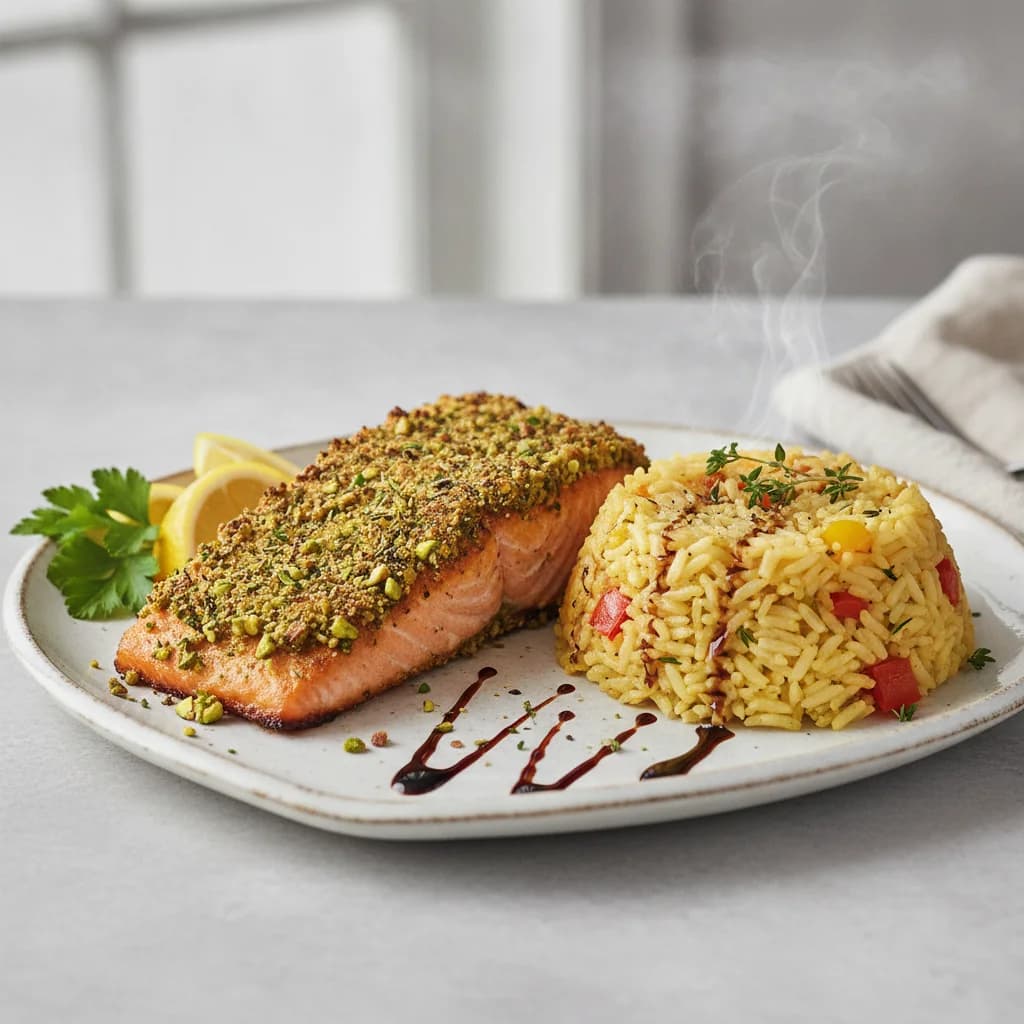 Pistachio-Crusted Salmon with Lemon-Herb Rice Pilaf and Balsamic Glaze