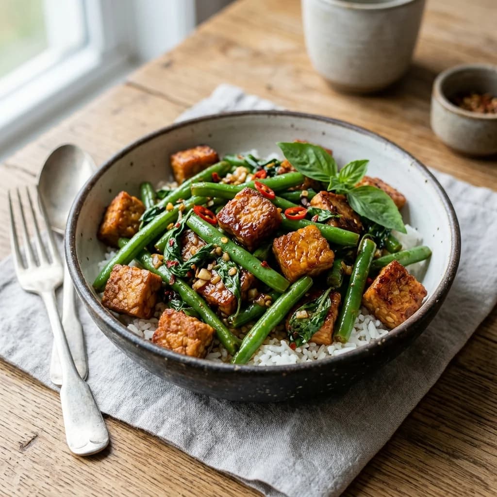 Thai Basil Tempeh Green Bean Stir Fry