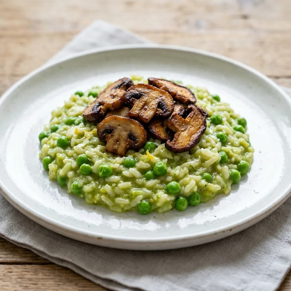 Thermomix Lemon Pea Risotto with Crispy Mushrooms