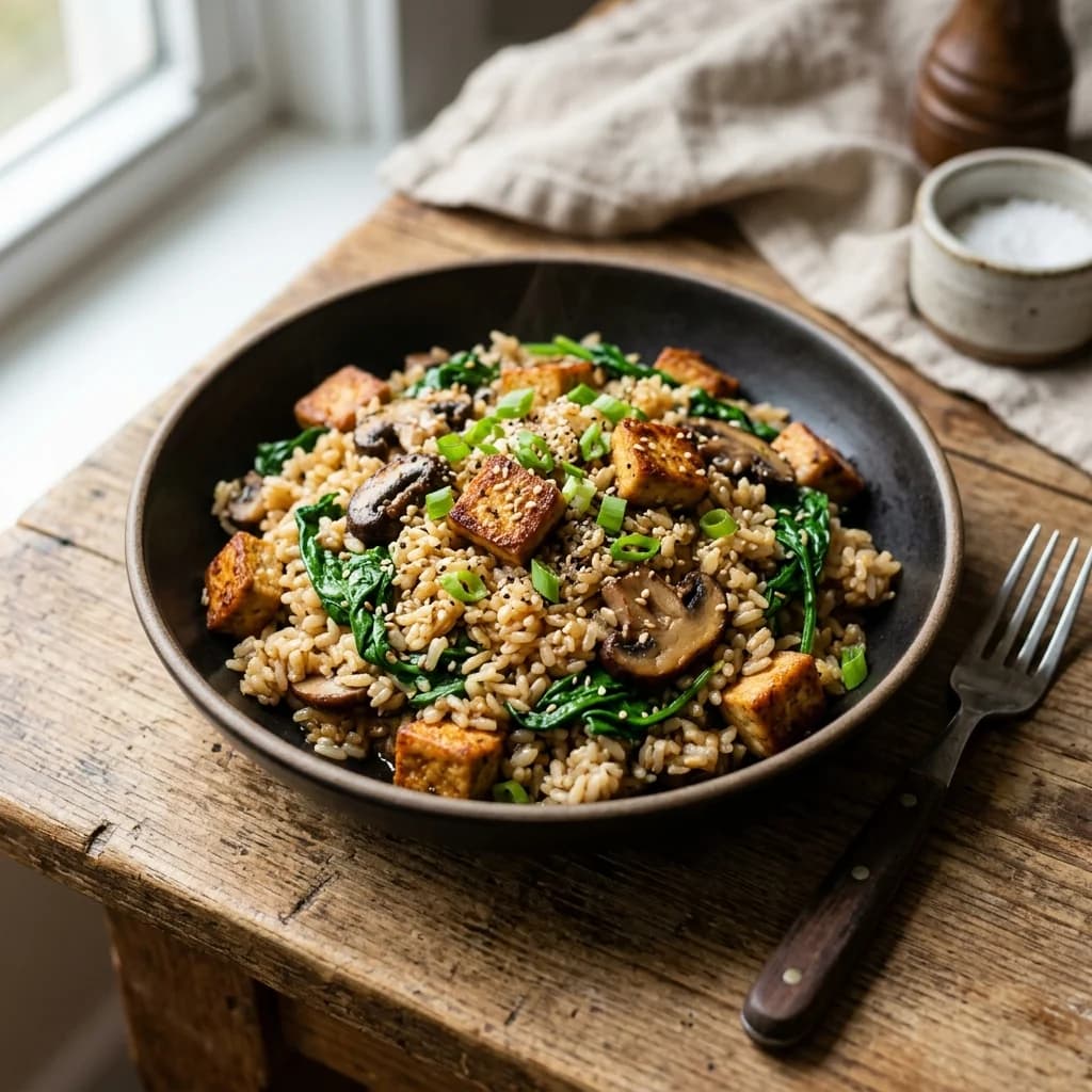 Tofu Mushroom Spinach Rice Skillet