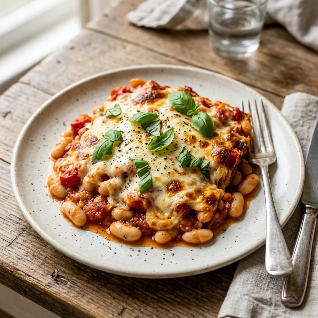 Tomato Mozzarella White Bean Bake