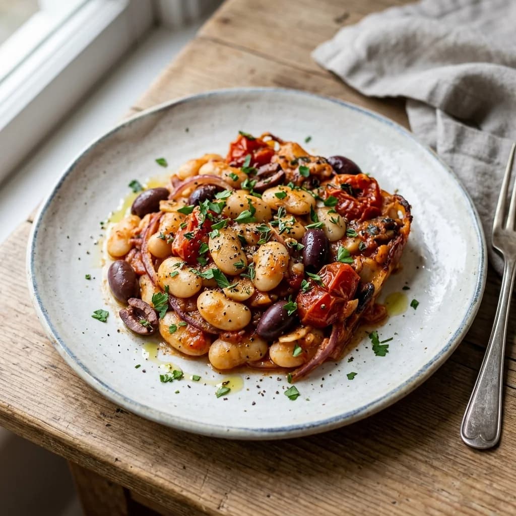 Tomato Olive Butter Bean Bake