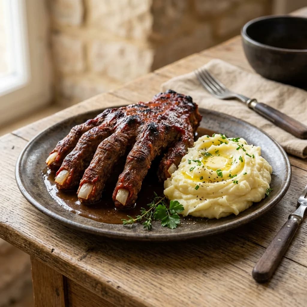 Zombie Hand Meatloaf with Mashed Potatoes